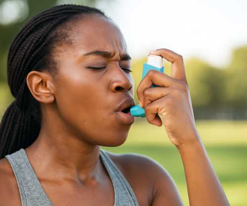 Young woman using inhaler